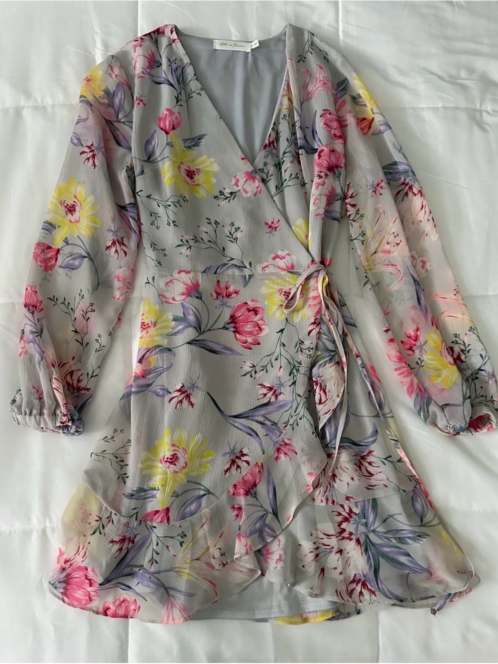 All in Favor Floral Wrap Dress in Light Gray with Pink & Yellow Flowers